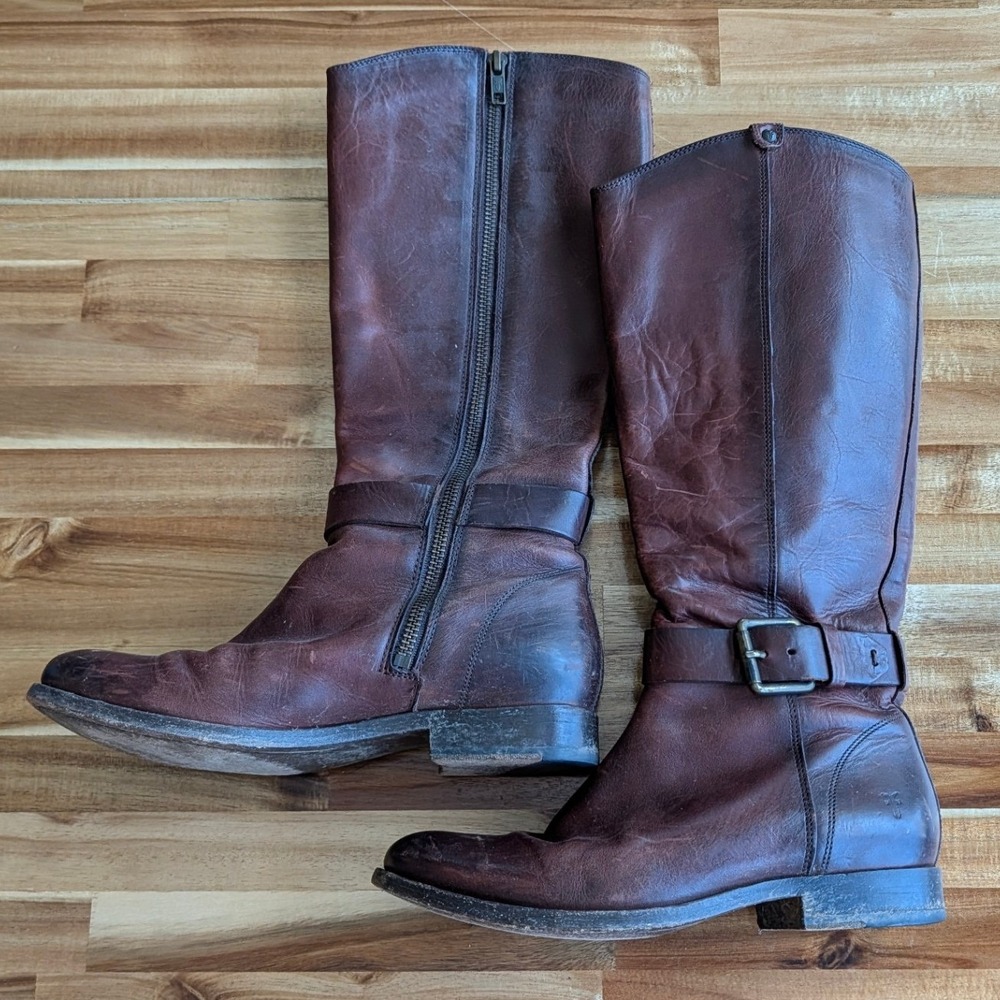 Frye Tall Leather Boots Brown‎ Moto Equestrian Buckle Zip Size 5.5 - Picture 5 of 11